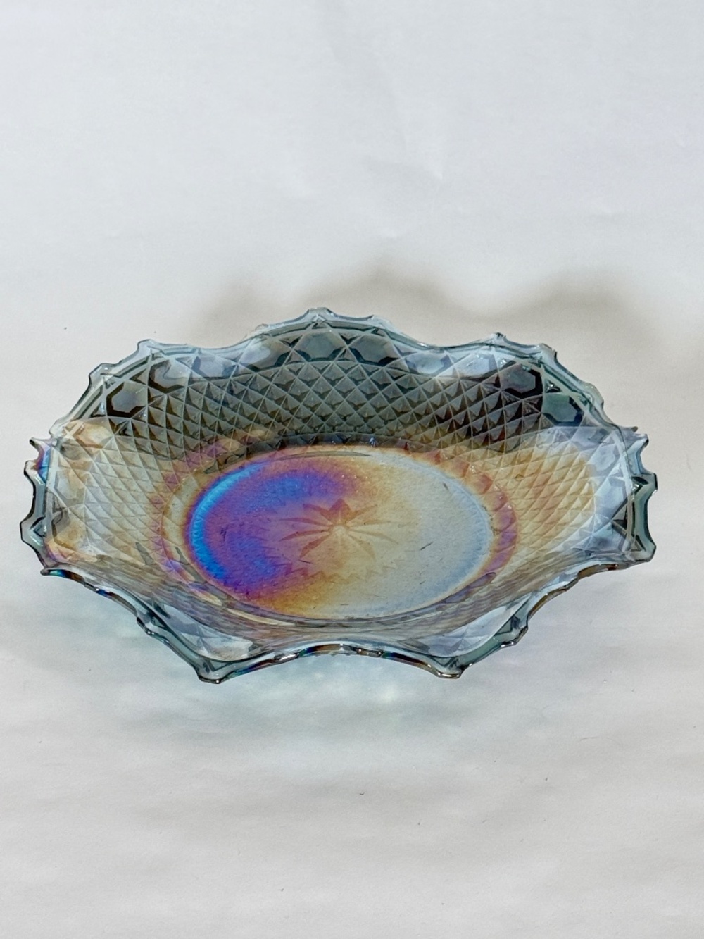 VINTAGE INDIANA GLASS Blue Iridescent Carnival "Diamond and Flower" Ruffled Bowl